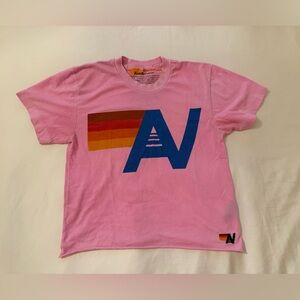 Aviator Nation Pink Tee with Blue Logo and Retro Stripes